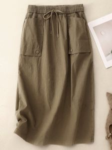 Retro Pure Color Half-length Skirt Womens Cotton Elastic Waist Commute Slimming Straight Tube Midi Skirt Fashionable All Seasons