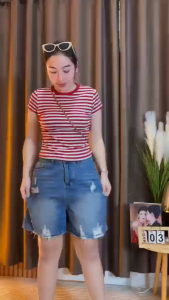 GHAOHES กางเกงยีนส์ขาดขาสั้นหลวม กางเกงขนาดพลัสสีฟ้าล้างน้ำ V127