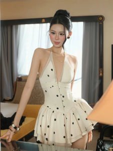 French Polka Dot Halterneck Backless Flared Waist Slimming Dress