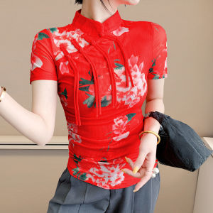 Yimei phong cách phương Tây mẹ in lưới áo thun tay ngắn cho phụ nữ trong mùa hè phong cách Trung Quốc Mới nút lên hàng đầu ôm vừa đứng lên cổ áo sườn xám áo nhỏ