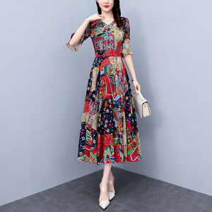 Impression Fashion Women Elegant Holiday Retro Floral V-neck Half Flared Sleeve High Waist A-line Swing Plus Size Long Dress