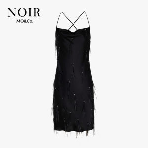 Noir Series MOCO Handmade Feathers Diamond Trimmed Waist Cinched MO&Co. Street Style Pure Color Vest Dress Short Skirt