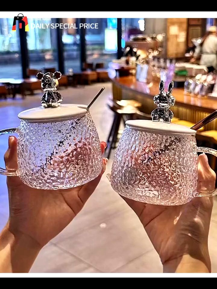 300ml Cute Glass Cups Water Pattern Ins Style Coffee Cup with Lid Office Tea Mugs