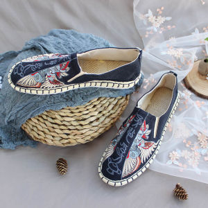Summer Ethnic Embroidered Canvas Shoes Mens Casual Soft Bottom Durable Breathable Low Cut Flat Heel Fashionable Toton Design