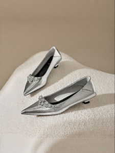 Josiny | French Style Silver Pointed Low Heel Spring and Summer Office Slip On Pumps