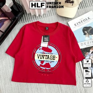 Áo croptop tay lỡ nữ GE vintage cổ tròn màu trơn áo thun nữ HLFashion