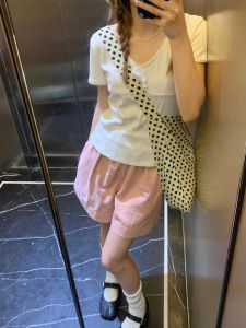 กางเกงขาสั้นทรงเอเอวสูงสไตล์เกาหลีสีชมพูสำหรับผู้หญิงในช่วงฤดูร้อน กางเกงขายาวทรงหลวมสำหรับใส่ไปทำงาน สไตล์ลำลอง ใส่สบาย