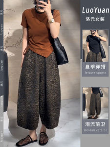 Fashionable Small Size High Fashion Set Shoulder Short Sleeve Irregular T-Shirt with Leopard Print Nine Point Casual Pants Two Piece Set