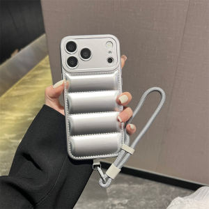 Luxury Lanyard Wrist Strap Down Jacket Phone Case For iPhone 17 16 15 14 Pro Max Air Plus 13 12 11 17Pro Soft Silicone Cover