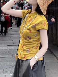 Shalldoer | Áo sơ mi chống nắng tay ngắn cổ đứng thời trang dành cho nữ mùa hè 2025 Áo thun cổ tròn in họa tiết phong cách Trung Hoa giản dị