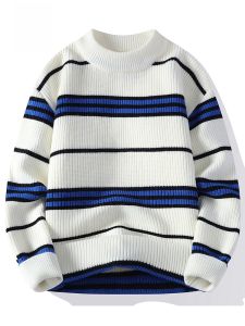 ROMON | Romon Mens Knitted Sweater Casual Loose Thickened Round Neck Winter Fashion Warm Striped Long Sleeve Youth Active Style