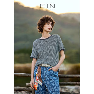 EIN Blue White Knitted round Neck T-Shirt Women Casual Short Sleeve Top Spring New Style Commute Artistic Regular Fit