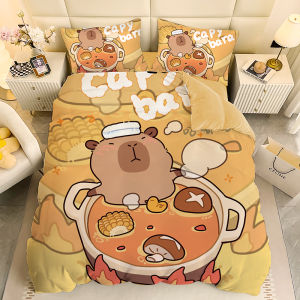 Adorable Capybara Coral Fleece Bedding Set Four-Piece Cartoon Water Otter Duvet Cover Three-Piece Set for Childrens Bedroom Dormitory