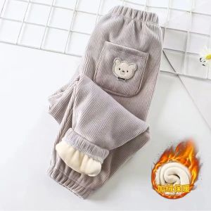 Sonkpuel | Autumn Winter Childrens Fleece-lined Pants with Pocket Embroidery Corduroy Casual Pa Nt Warm Jogger Trousers for Boys and Girls