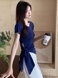 Áo Thun Nữ Tay Ngắn Cổ Tròn Ôm Vừa Vặn Thiết Kế Không Đều Thời Trang Mùa Hè Thanh Lịch Nhỏ Nhắn Chất Liệu Cotton Pha Trộn