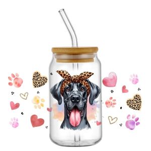 Potdemiel | Watercolor Adorable Dog Glitter Bow Daisy Paw Print UV DTF Wraps Waterproof Decals for 16oz Libbey Glass Can Tumbler