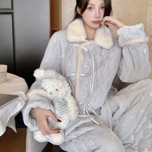 Womens Winter Thickened Coral Fleece Sleepwear Set Cotton Sandwich Home Clothes Long Sleeve Long Pants Outwear Capable Traditional Style