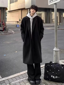 Over-Knee Mens Woolen Coat Black Medium-Length British Style Casual Fashion Youth Poplin Polyester Fiber Single-Breasted Coat