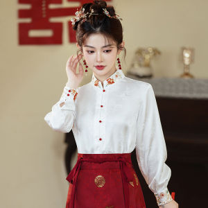 เสื้อเชิ้ตคอตั้งแขนยาวสไตล์จีนสำหรับแต่งงาน กระโปรงม้า แขนยาว กระดุมแถวเดียว ฤดูใบไม้ร่วง เสื้อเชิ้ตคอตั้งสไตล์จีนใหม่