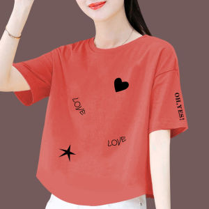 Pure ผ้าฝ้าย เสื้อยืดแขนสั้น ผู้หญิง ฤดูร้อน ใหม่เกาหลี หลวม คอกลมบางพิมพ์ไม่สมมาตรเสื้อผู้หญิง