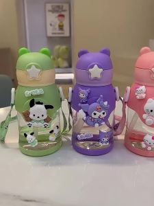 600ML Kids Kuromi Water Bottle Large Capacity Portable Cartoon Straw Water Cup With Sling Kids Gift