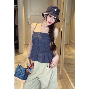 YUEZHONGWEI | Design Blue Checked Strap Top Short