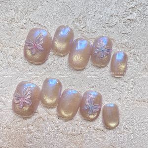 Gold Sand Butterfly Handmade Wearable Nail Art Glass Cat Eye Aurora 3D Butterfly White Enhancing Detachable Nail Tips