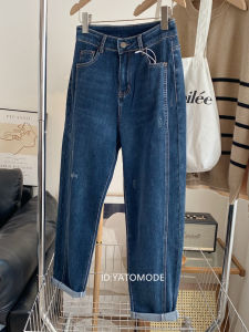 Winter Thickened Fleece High Waist Straight Leg Harlan Blue Jeans Womens Loose Fit Bootcut Trousers Deep Blue Slimming Effect