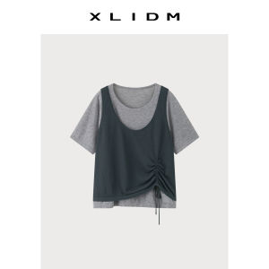 Plus Size Women Two-tone T-Shirt Top with Asymmetric Neck and Drawstring Design