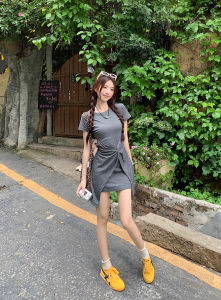 Stylish Kinked Gray Short Sleeve Dress Womens Summer Plus Size Plus Size Ladies Temperament Waist-Controlled Slimming Irregular Skirt