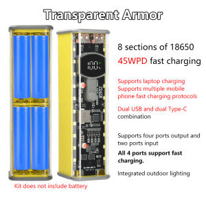 PD 45W 30-65W Super Fast Charging Transparent Power Bank Shell Welding Free 8 *18650 Battery Cartridges For Outdoor Light Type-C