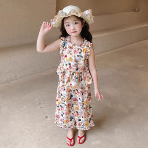 Bộ Đồ Trẻ Em Mùa Hè Bằng Vải Lụa Cotton in Hoa Không Tay Chống Muỗi Bộ Đồ Trẻ Em Hai Mảnh Phong Cách Hàn Quốc Cho Bé Gái