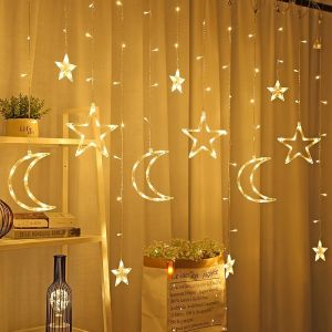 1PC 3.5M120LED Star&Moon LED Curtain Lightpowered by 3 AA batteries(excl)suitable for bedroom and room Ramadan decoration
