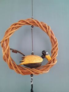 กระดิ่งลม นกคุ้มเกาะห่วงไม้ โลหะ 5 แท่ง