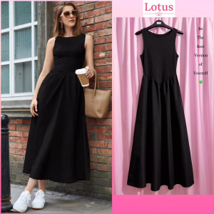 Lotus Đầm Dài Dáng Xoè Nhún Eo Tôn Dáng Đầm Maxi Cổ Thuyền Thoáng Mát Đầm Sát Nách Bo Thun Dáng Ôm Eo Đầm Đen Váy Chữ A Dáng Dài Maxi Đi Biển Đi Chơi Du Lịch Đầm Corset Màu Đen Cho Nữ Chân Váy Dài Thanh Lịch