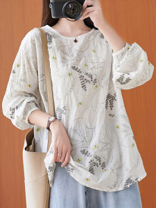 Plus Size Womens Clothing Artsy Loose Embroider Casual Cotton Linen T-shirt Top Autumn New Arrival Plus Size Ladies Lantern Sleeve Blouse for Women