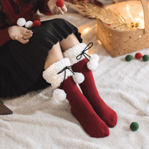 Cute Designer Kids Socks Lamb Fur Ball Christmas New Year Long Socks Childrens Stacked Socks Korean Style Cotton Blend Elastic Fiber