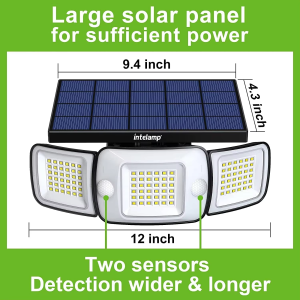 Intelamp 12000mAh 3000LM Solar Flood Lights Outdoor IP65 Larger Solar Panel Motion Sensors Solar Security Lights For Garden Yard