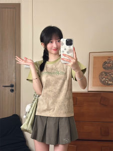 Retro American Embroidered Tie Dye Short Sleeve Womens Patchwork Color Block Shoulder T-Shirt Loose Straight Cut Short Length Top