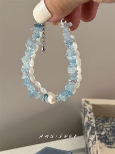 Vacation Style Blue Double Chain Design Sea Turquoise Beaded Bracelet: Fresh and Elegant Island Diary A.MU Hand Jewelry