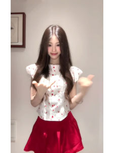 Retro Set Womens Stylish Sweet Cherry Print Shirt Puff Sleeves Red Shirt Skirt Two-piece Set