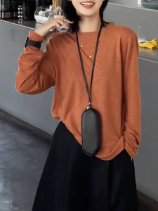 QINGNAER | Simple Casual Round Neck Long Sleeve T-Shirt
