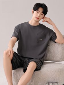 MiiOW | Mens Summer Pajamas Short Sleeve Short Pants Breathable Skin-friendly Home Clothes MiiOW Cat Person Simple Style Pure Color