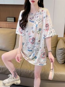 Plus Size Womens Clothing Mid Length Long Length Cartoon Age-Reducing Shoulder Short-Sleeved T-shirt Womens Summer New Arrival Ice Silk Thin Breathable Tops