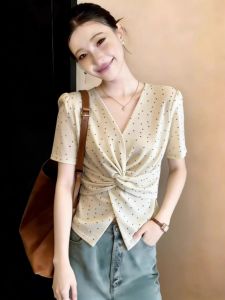 Polka Dot V-Neck Short Sleeve French Style Knot Design Plus Size T-shirt