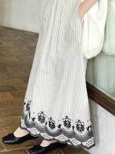 seemon | Đầm Thun Dài Cổ V Sọc Thêu Chất Lượng Cao