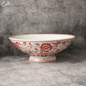 Retro Style Ceramic High Footed Bowl Red Peony Pattern Classical Hat Bowl Tea Time Snack Plate for Restaurant And Club House