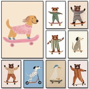 Canvas Prints Poster Cartoon Funny Animal Art Prints Bedroom Nursery Wall Art Home Decor Poster Cute Skateboard Dog Dachshund