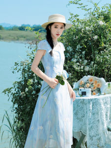 Artistic High Waist A-Line Qipao Dress Womens Summer New Arrival Long Skirt Fairy Tale Commute Short Sleeve round Neck City Walk