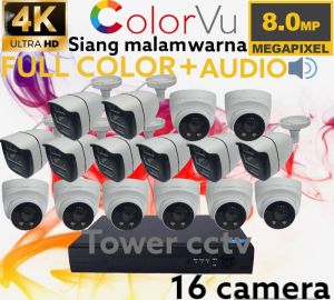 PAKET CCTV 8MP COLORVU AUDIO 16 CHANNEL 16 KAMERA 4K ULTRA HD FULL COLOR AUDIO